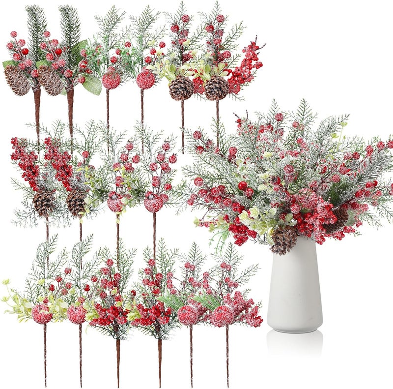 Solsew 16 Pcs Christmas Pine Cones Picks Artificial Berries Sprays Branches Faux Greenery Floral Stems Snowy Holly Pine Needles for Xmas Tree Wreath Garland Craft Decor(Novelty Snowy Style) - Image 1